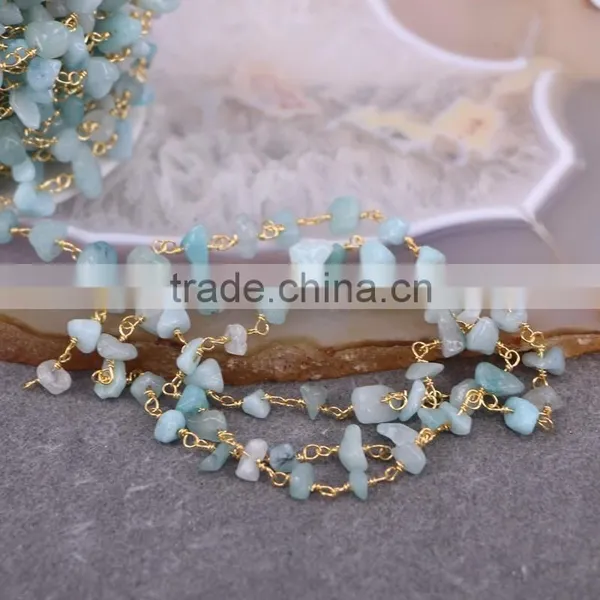 Aquamarine Chip Beads Link Rosary Chains,Brass Wire Wrapped Chain Necklace Bracelet, Fine Jewelry Findings Stone Beaded Chain photo-6