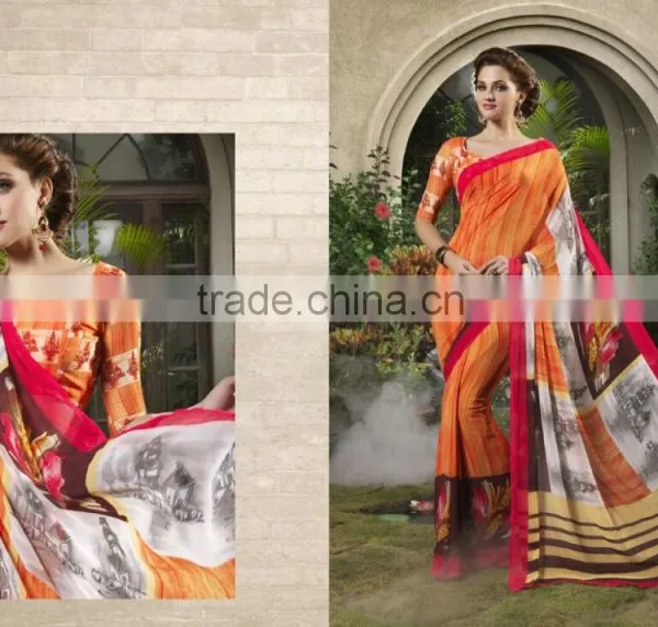 Zari Blouse and Orange Color Womaniya Designer Sarees Collections