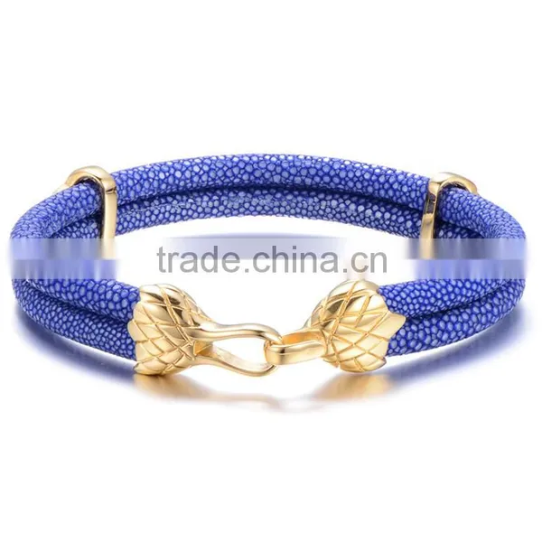 New Products 2016 Genuine Blue Stingray Fish Leather Bracelet Gold Arrow Flower Charm Silver Stainelsee Steelbulk Buy From China photo-3