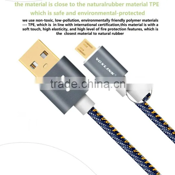 Voxlink 5V 1a/2a Denim Gold Plated 0.25m/1m/2m/3m USB Type c Charger Cable for Macbook