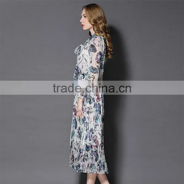 Maxnegio Elegant Maxi Long Sleeve Office Chiffon Pleated Maxi Dress photo-4