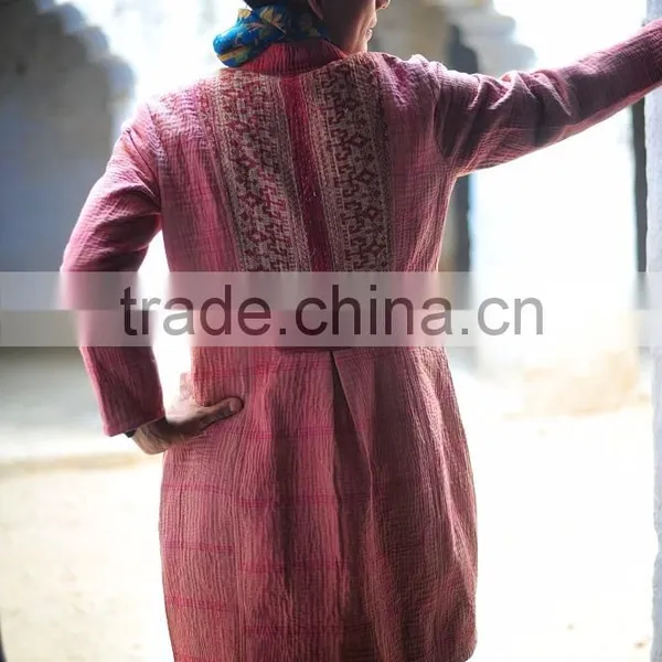 Vintage Kantha Long Accent Jacket in Beautiful Vintage Pink With a Saree Border Collar ~ Large photo-4