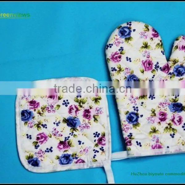 Cotton Printed Yellow Stripe Oven Mitt & Pot Holder Factory Eco Friendly Pot Holders and Oven Mitts 2 Kitchen Sets-oven photo-4