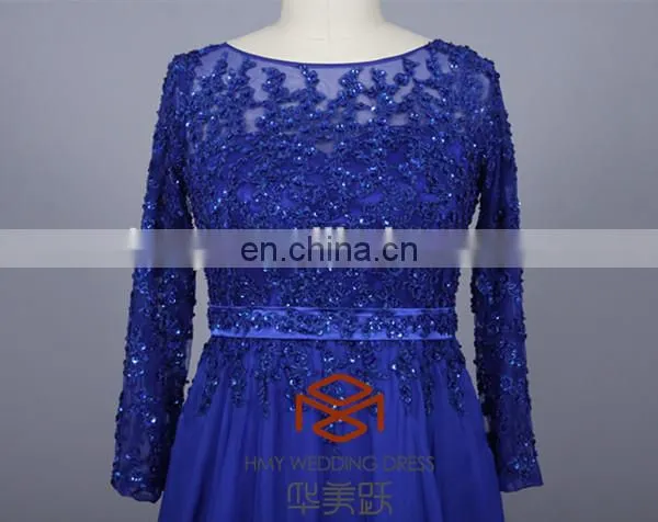 Lace Embroidered Royal Blue Long Sleeves Maxi Evening Dress For Fat Women HMY-CDA041 Ladies Long Evening Party Wear Gown photo-2