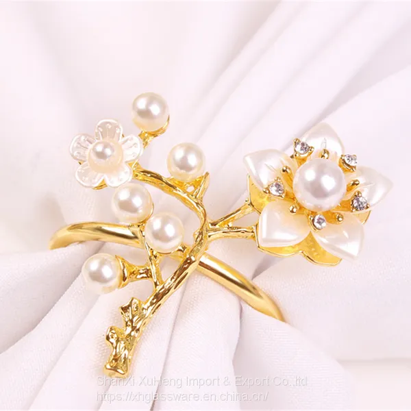 Shiny Gold Plated Napkin Ring Holder With Pearl Flower photo-3