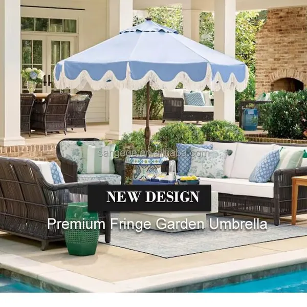 Customized Logo 7FT Luxury Tassel Fringe Beach Umbrellas Wholesale Outdoor Patio Umbrella Aluminum Pole Tilt Mechanism Hand-cranked Model photo-2