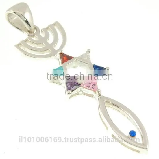Messianic Seal of Jerusalem Sterling Silver Pendant, Set w Mix Color CZ, P428