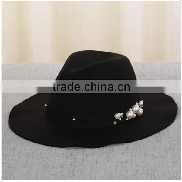 Custom Female Fedora Hat Ribbon Beads Imitation Wool Hat Wide-brimmed For Autumn Winter photo-4