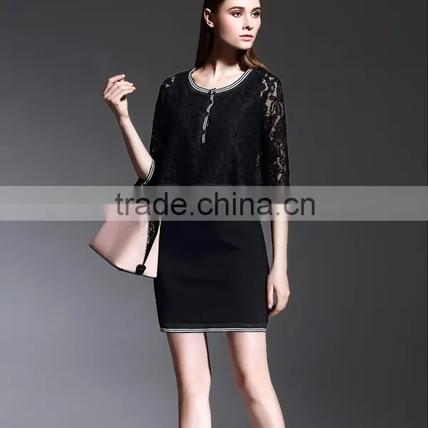 2015 latest european style elegant black lace long sleeve overlay evening dress
