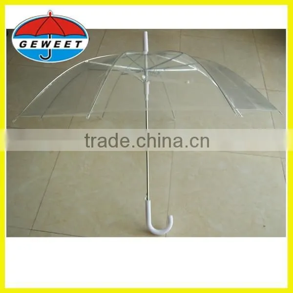 2015 Plastic Curved Handle Long Shaft Clear PVC Fabric Straight Transparent Umbrella