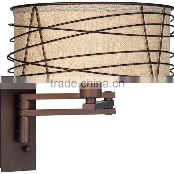1031-1 Wire Cage Detail Surrounds a Burlap Shade a Rich Bronze Metal Swing Arm Wall Lamp photo-3