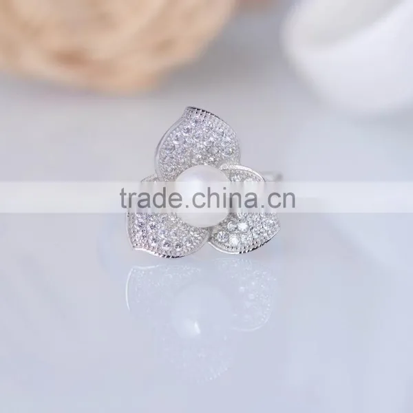 2015 Fashion 925 Sterling Silver Ring Clover Micro Zircon Pave Setting Pearl Ring photo-4