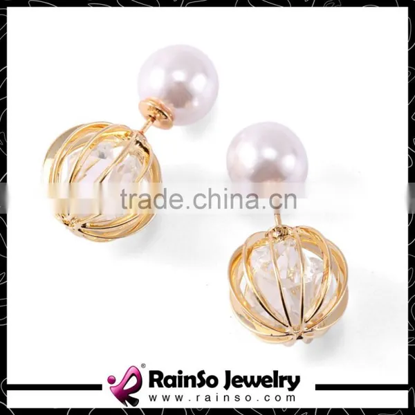 Round Ball Gold Double Sided Earrings With Imitation Pearls