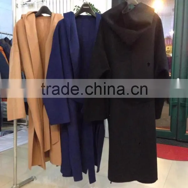 Fashion Women Wool Coat 100%wool Belt Waist Hooded Open Side Black Camel Dark Royal-blue