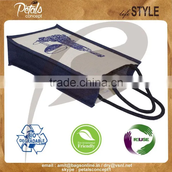 Two Bottle Bag for Water Bottle - Soft Cotton Ropw Handle - Made From pp Laminated Jute photo-3