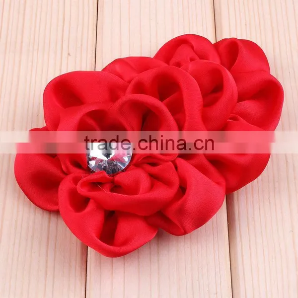 Handmade Satin Fabric Flower With Rhinestone Center for Kids Hair Accessories photo-3