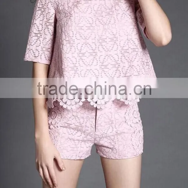 Latest Women Fasion Lace Suit Short Sleeve Crop Top and Shorts photo-4