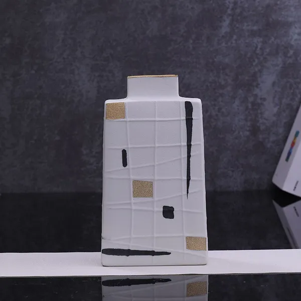 Geometric Pattern Gild Creative Unique White Square Flat Ceramic Flower Vase For Living Room photo-3