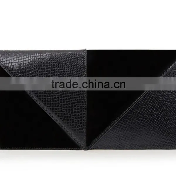 Black Patchwork Lizard Skin and Suede Leather Flat Envelope Hand Bag Clutch Bag Handbag for Women photo-2