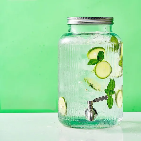 Large-Cap Glass Dispenser With Spigot! Thick Glass, Sleek Spigot for Easy Pour. Holds Drinks, Fruit Design—ideal for Parties. photo-5