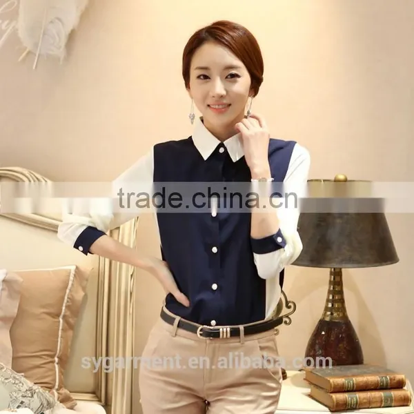 2015 Women Royal Blue With White Half Sleeves Blouse Korean Fashion Lady Shirts