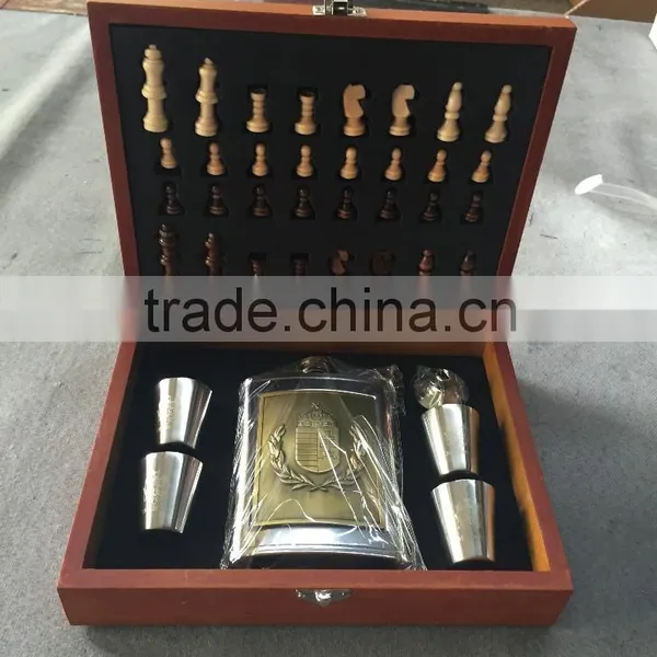 Hip Flask and Cup and Funnel and Pieces and Board in Wood Box Set