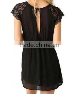 Women's Casual Backless Chiffon Lace O Neck Short Sleeve Summer Dress photo-2