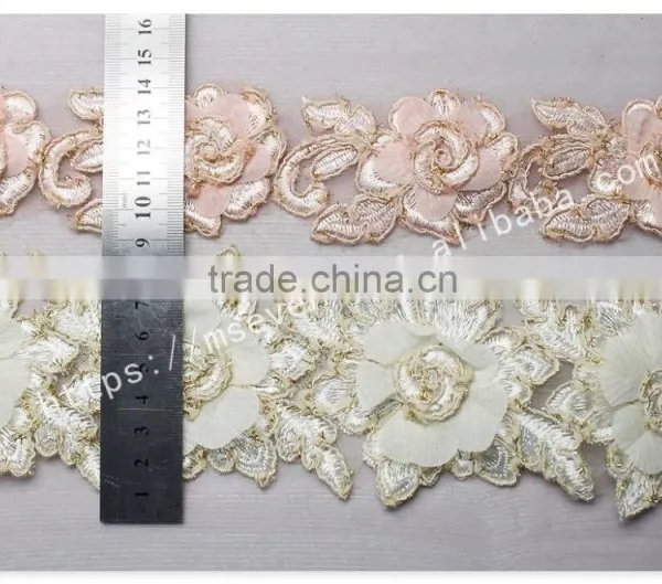 Hot Sale 9cm Width Sweet Pink 3D Flowers Guipure Lace Trim Embroidery photo-6