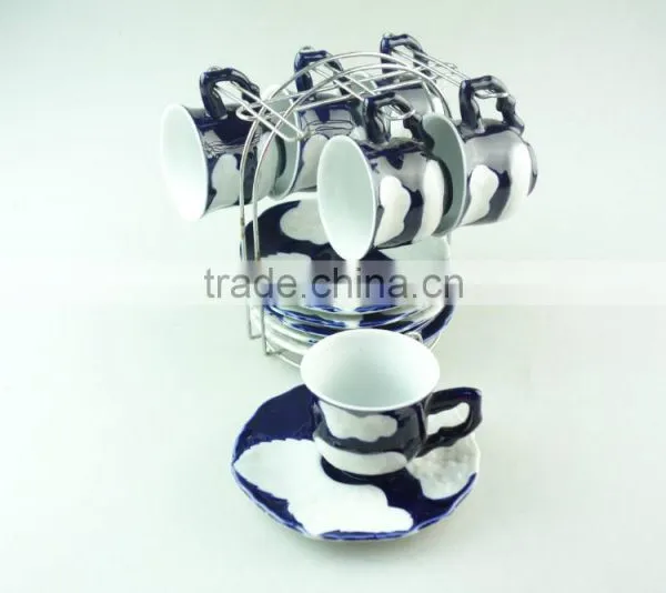 Cheap Wholesale Porcelain Blue Glaze Coffee Tea Set Tableware Cup and Saucer With Metal Stand photo-2