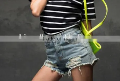 Cheap Wholesale Women High Waist Worn Holes Shorts Light Blue Fashion High Waist Denim Shorts photo-2