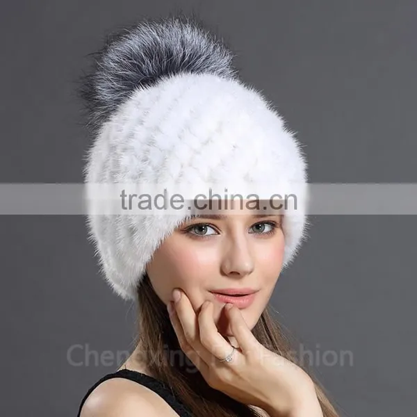 CX-C-206B Fox Fur Ball Mink Fur Knitted Winter Pompom Hat photo-2