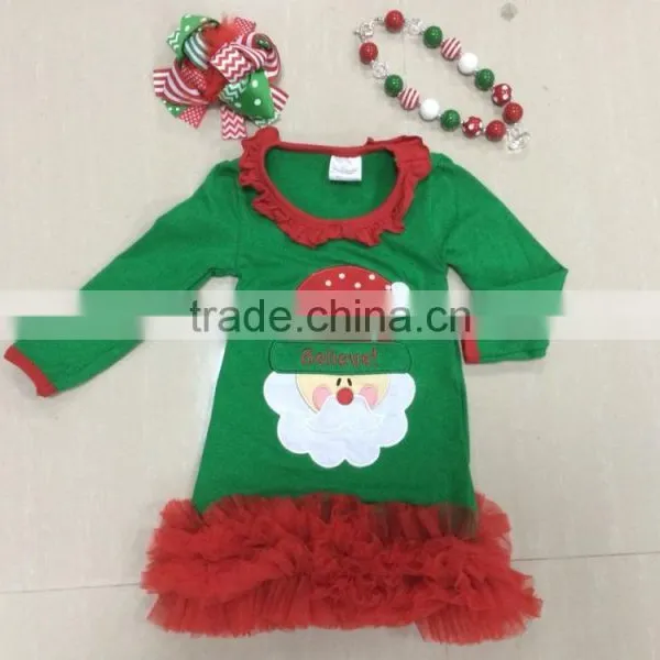 Baby Girls Chirstmas Santa Clause Dress With Matching Hair Bows and Chunky Necklace Set