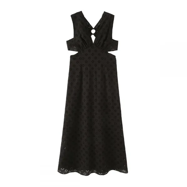 European and American Style Summer New Hollow Embroidery Hanging Neck Backless Dress photo-4