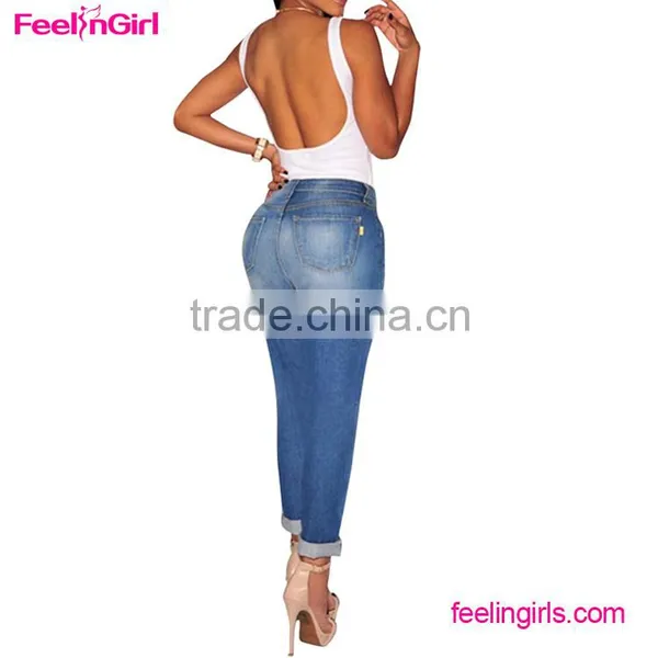 Accept OEM Girls Ripped Denim Latest Design Jeans Pants photo-2