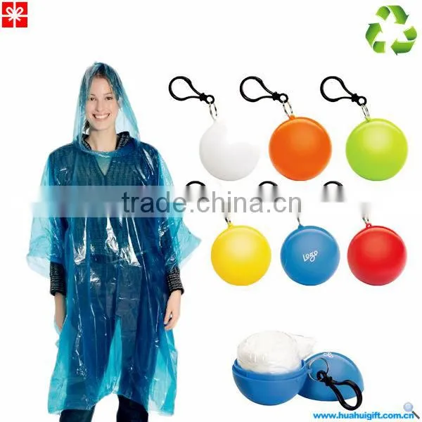 2014 100%ECO Plastic Ball With Keychain Clear Disposable Rain Poncho Mac
