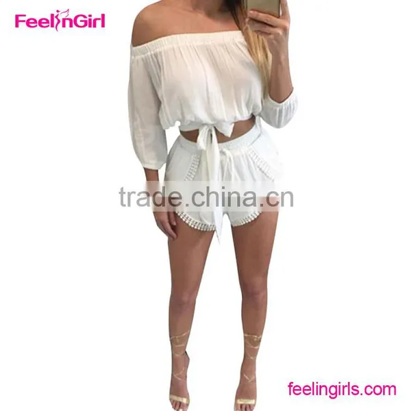 2 Pieces off Shoulder Sexy Ladies Short Workout Jumpsuit photo-2