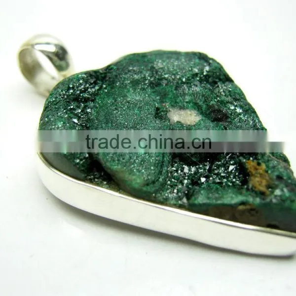 Malachite Pear Rough Gemstone Pendant, 925 Solid Sterling Silver Pendants, Designer Bezel Pendant photo-2