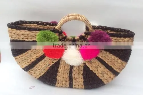 High Quality Best Selling Natural Water Hyancinth With Pom Poms Shopping Lady Handbag