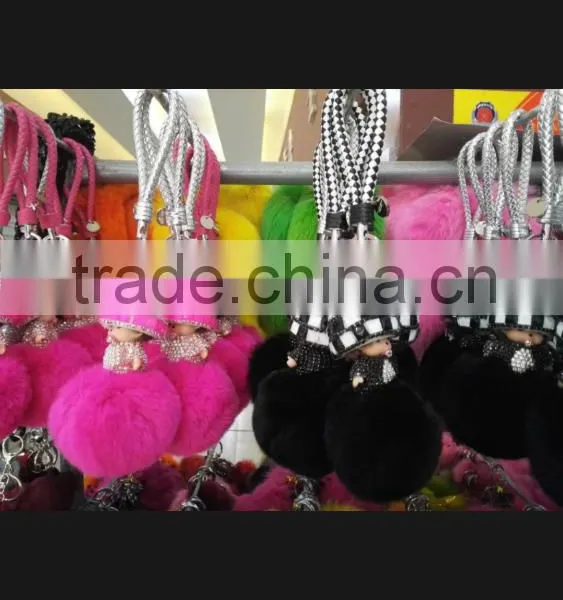 Hot Selling Rabbit Fur Accessories Monchhichi Leather Keychain Fur Pompoms photo-5
