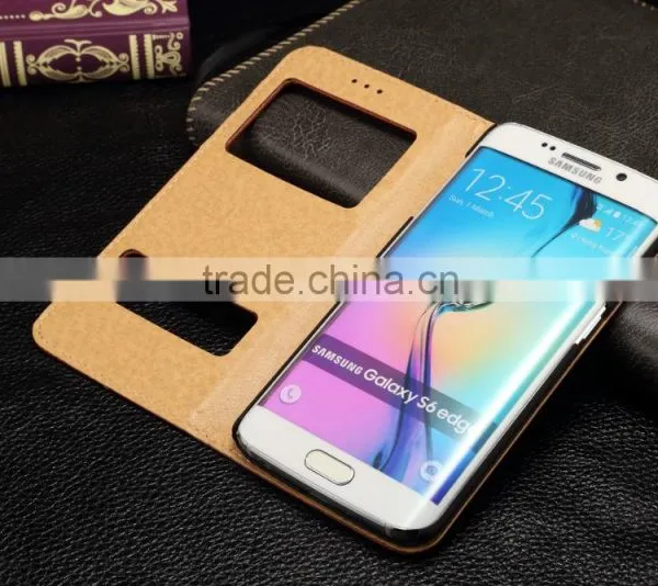 Genuine Leather Cover Window Display Stand Phone Flip Case For Samsung Galaxy S6 Edge photo-6