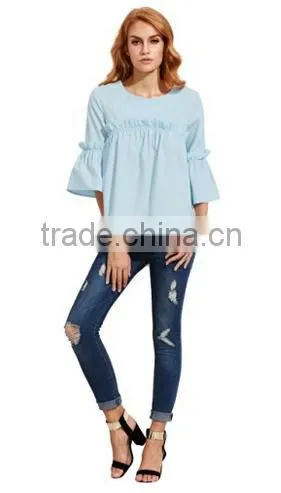 Women's Bell Sleeve Ruffle Trim Round Neck Pleated Blouse photo-5
