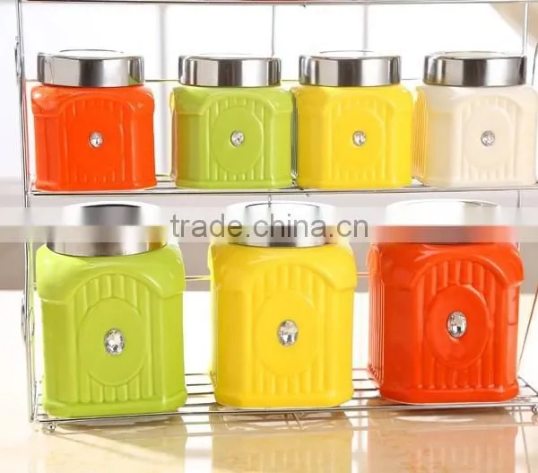 Kitchen Ceramic Canister Set With Stainless Metal Stand photo-6