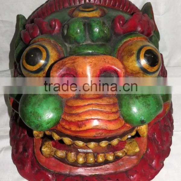 Foo Dog Mask: Wood Nepal Tibet Tibetan Buddha Buddhist Lion Green Blue Temple photo-3
