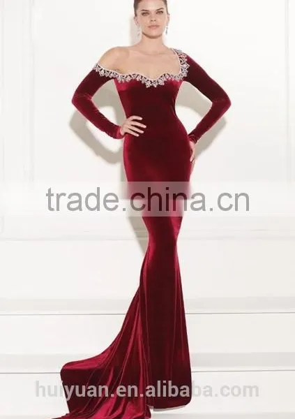 Wine Mermaid Style Long Sleeve Velvet Evening Dresses photo-2