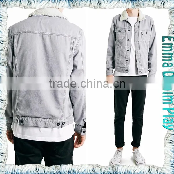 Mens White Grey Denim Jacket in Medium Worn Wash With Fur Collar photo-4