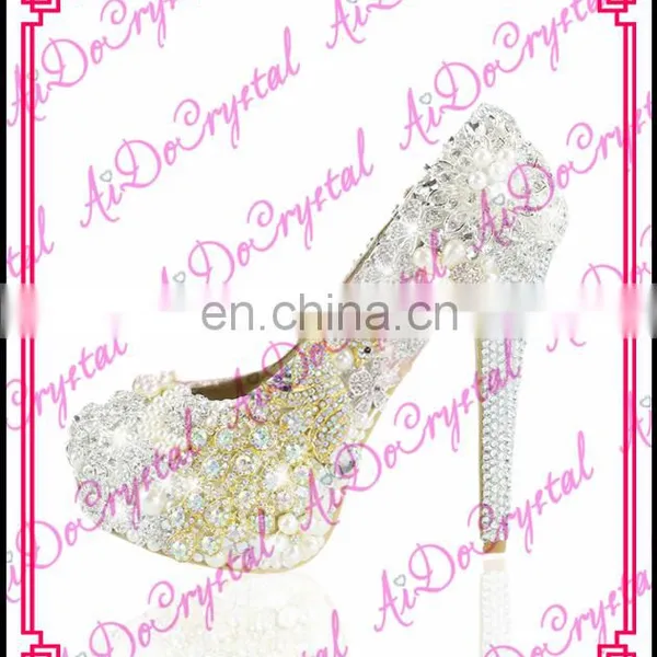 Aidocrystal White Custom Color Rhinestone Latest High Heel Girls Gold Peacock Shoes for Wedding Party