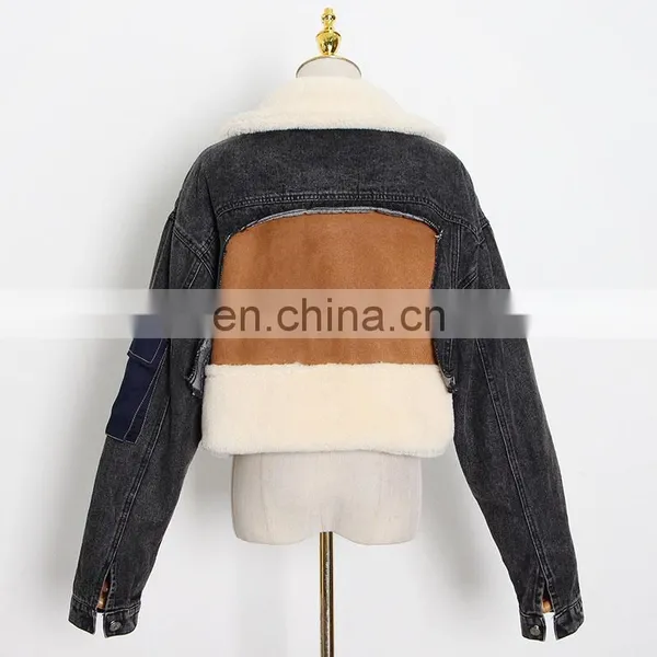 Winter 2020 Women New Fashion Thick Warm Denim Coat Tailored Collar Stitching Contrast Color Lamb Wool Loose-fitting Jacket photo-5