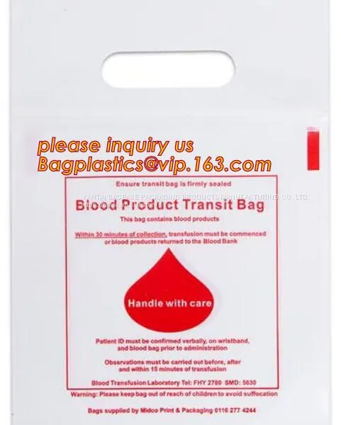 Die Cut Handle Blood Transit Biodegradable Shopping Bag Blood Transport Bag, Header With Grip Seal Closure, Punch Handle photo-2