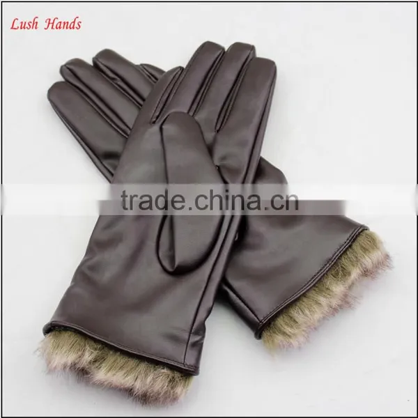 Ladies Brown pu Leather Hand Gloves With Fake Fur photo-4