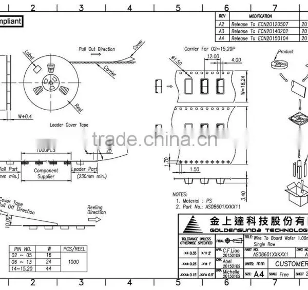 Pitch 1.0 mm Wafer Connector, SMT Right Angle Type, 2 ~ 15, 20 Pin Connector Wire to Board photo-4